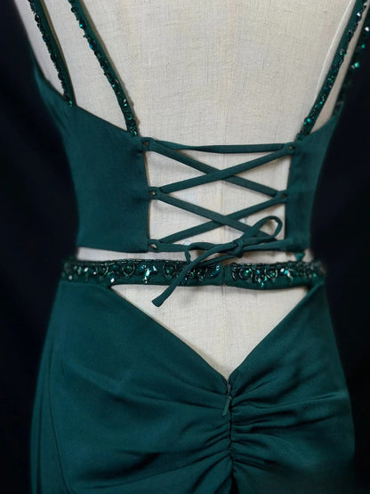 Beautiful Prom Dresses Mermaid 2 Pieces Straps Dark Green Satin With Beading Long Formal Outfits RB6023