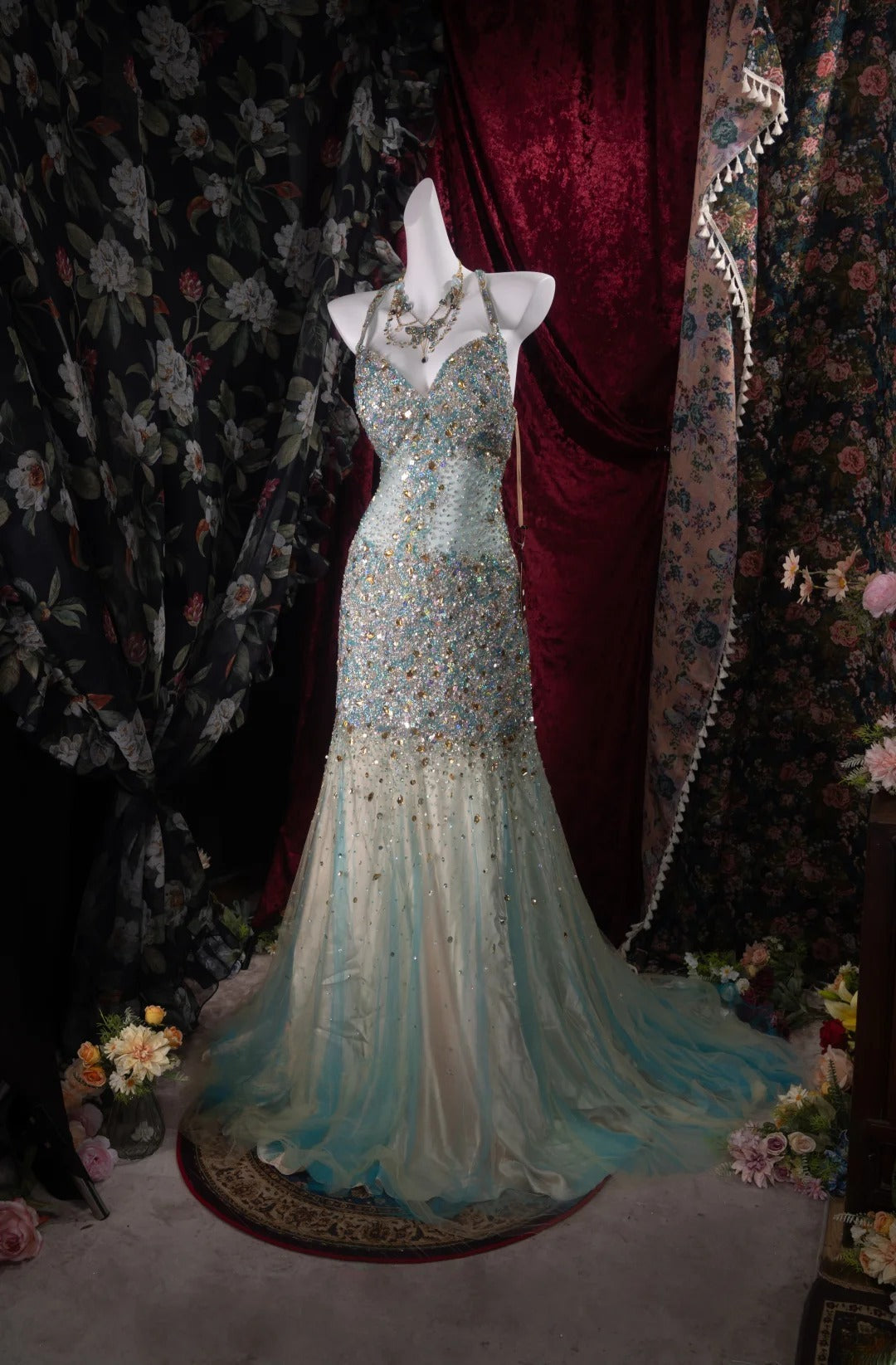 Romantic Mermaid Halter Blue Champagne Tulle With Beaded High School Dances Prom Dresses 8th Grade Formal Outfits Evening Gown RB8499