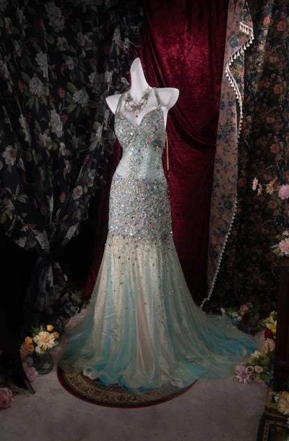 Romantic Mermaid Halter Blue Champagne Tulle With Beaded High School Dances Prom Dresses 8th Grade Formal Outfits Evening Gown RB8499