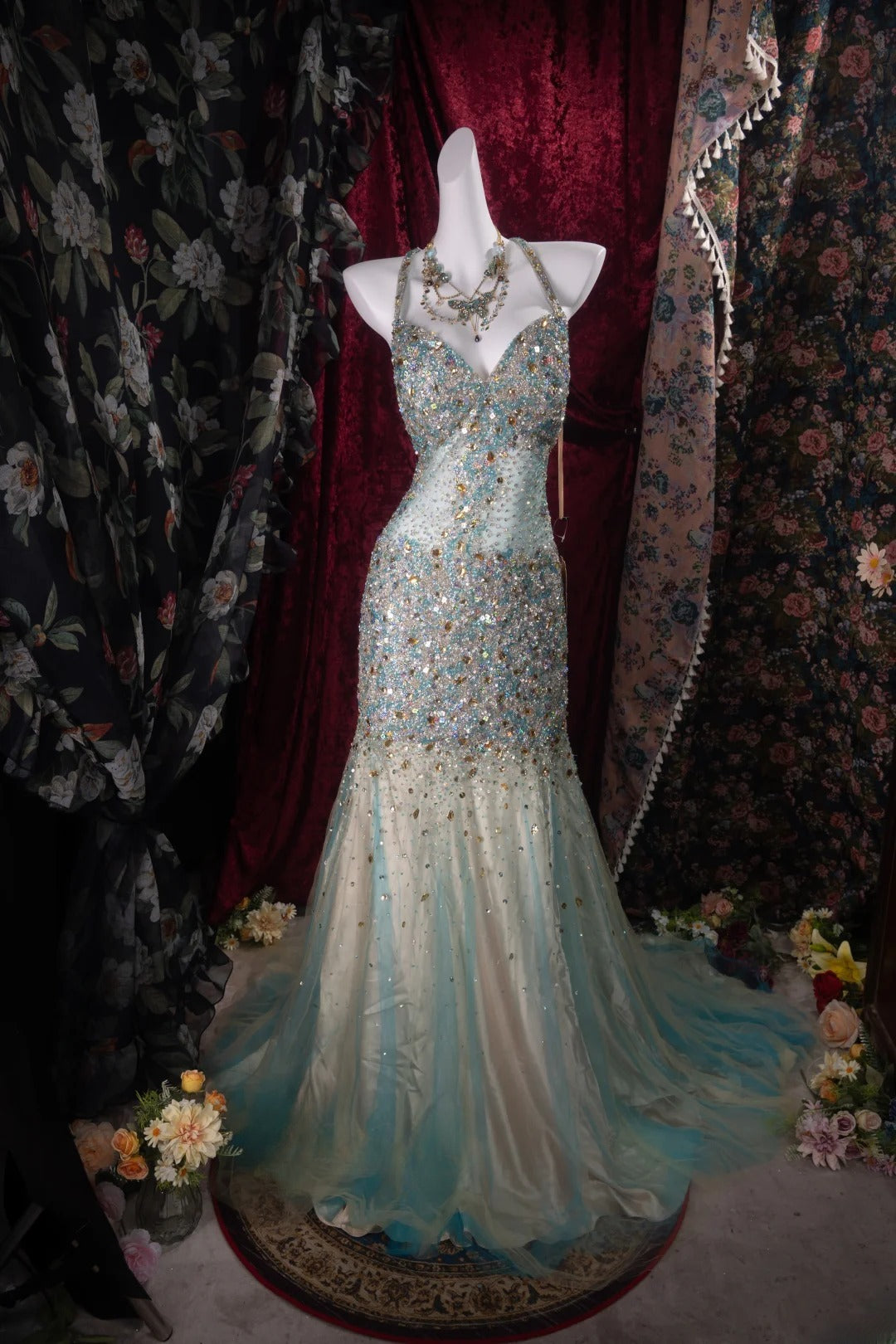 Romantic Mermaid Halter Blue Champagne Tulle With Beaded High School Dances Prom Dresses 8th Grade Formal Outfits Evening Gown RB8499