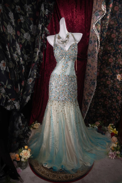 Romantic Mermaid Halter Blue Champagne Tulle With Beaded High School Dances Prom Dresses 8th Grade Formal Outfits Evening Gown RB8499