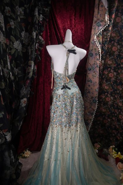 Romantic Mermaid Halter Blue Champagne Tulle With Beaded High School Dances Prom Dresses 8th Grade Formal Outfits Evening Gown RB8499