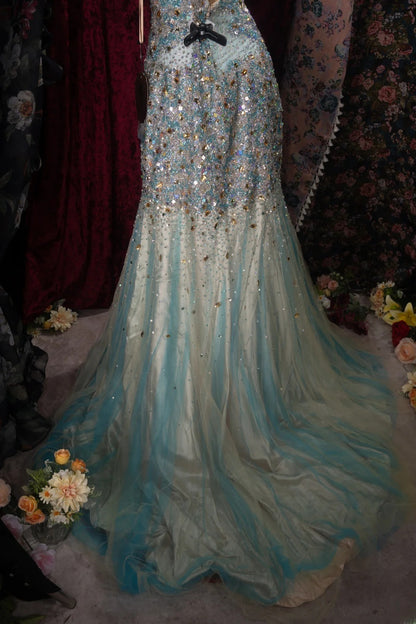 Romantic Mermaid Halter Blue Champagne Tulle With Beaded High School Dances Prom Dresses 8th Grade Formal Outfits Evening Gown RB8499