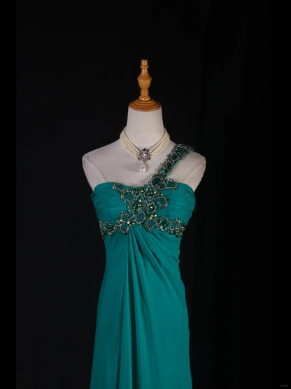 Vintage A line One Shoulder Blue Chiffon Long Formal Old 1950s Prom Dresses Night Outfits Party Gowns AS227