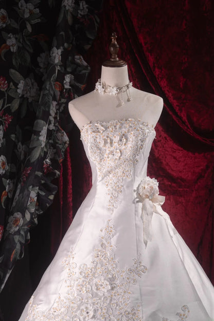 Vintage Ball Gown Strapless White Satin 2000s With Appliqued Long Autumn Winter Bridal Dress Wedding Dresses RB8501