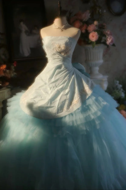 3D Floral Flowers Strapless Light Blue Tulle Quinceanera Dress Ball Gown Sweet 15 Gown RB9150