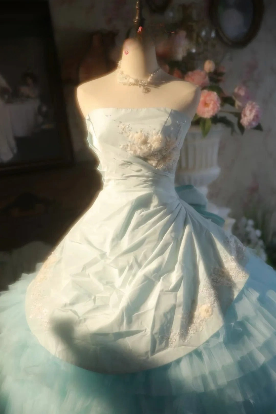 3D Floral Flowers Strapless Light Blue Tulle Quinceanera Dress Ball Gown Sweet 15 Gown RB9150