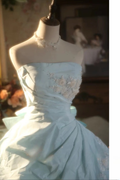 3D Floral Flowers Strapless Light Blue Tulle Quinceanera Dress Ball Gown Sweet 15 Gown RB9150