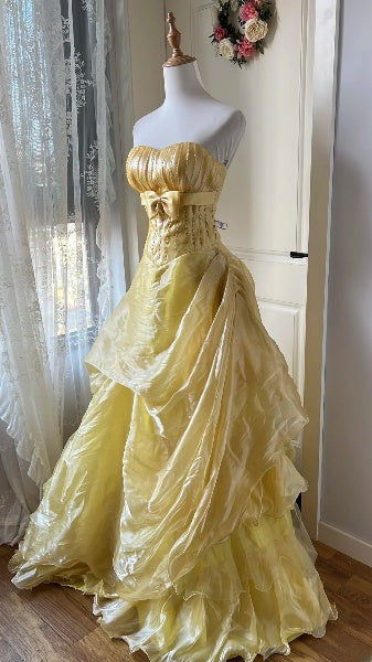 Sweet 15 Quinceanera Dress Ball Gown Strapless Yellow With Beading Long 15th Birthday Outfits RC0579