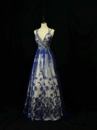 Beautiful Prom Dresses A line Spaghetti Straps Royal Blue Lace With Beading Long Formal Outfits RB6027