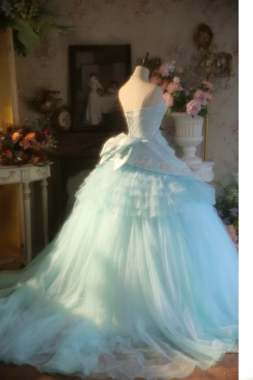 3D Floral Flowers Strapless Light Blue Tulle Quinceanera Dress Ball Gown Sweet 15 Gown RB9150