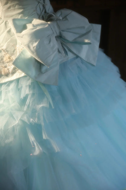3D Floral Flowers Strapless Light Blue Tulle Quinceanera Dress Ball Gown Sweet 15 Gown RB9150