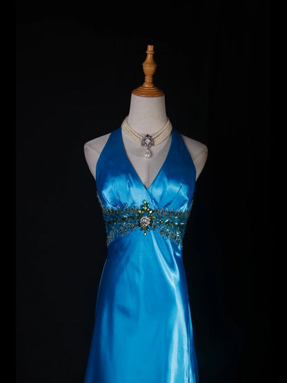 Vintage A line Halter Blue Satin Long Formal Old 1950s Prom Dresses Night Outfits Party Gowns AS230