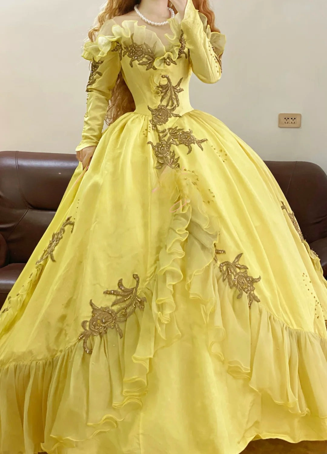 Yellow Off The Shoulder Chiffon With Long Sleeves Quinceanera Dress Ball Gown Sweet 15 Gown RB9151