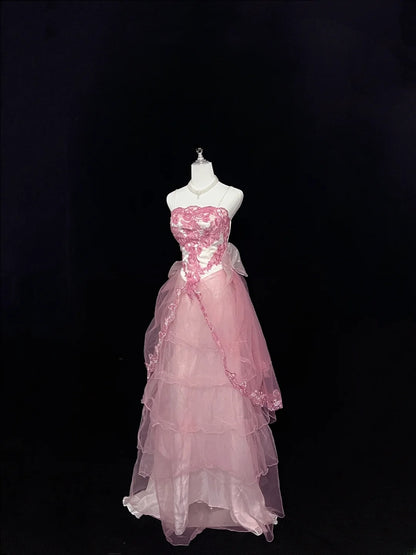Beautiful A line Spaghetti Straps Pink With Tiered Layers Lace Prom Dress Formal Outfits Evening Night Dresses RB7630