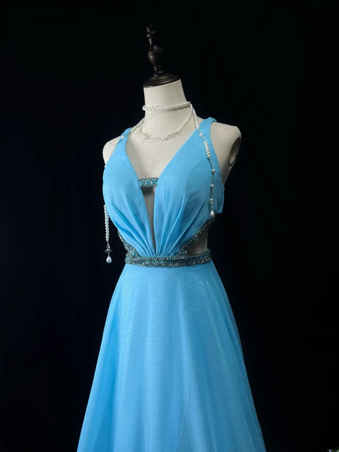 Vintage 90s Prom Dresses A Line V Neck Blue Chiffon With Beads Long Party Gown Formal Outfits RB6028