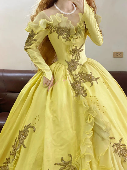 Yellow Off The Shoulder Chiffon With Long Sleeves Quinceanera Dress Ball Gown Sweet 15 Gown RB9151