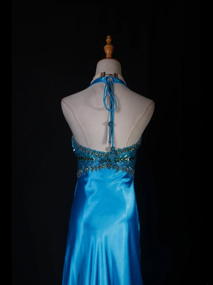 Vintage A line Halter Blue Satin Long Formal Old 1950s Prom Dresses Night Outfits Party Gowns AS230