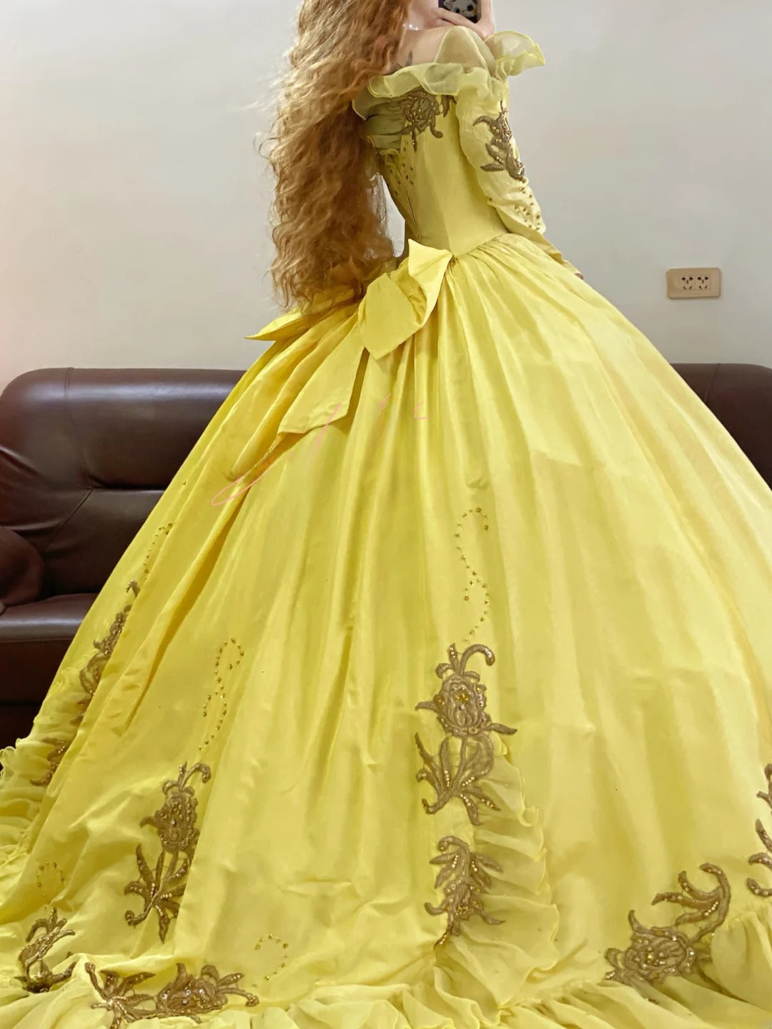 Yellow Off The Shoulder Chiffon With Long Sleeves Quinceanera Dress Ball Gown Sweet 15 Gown RB9151