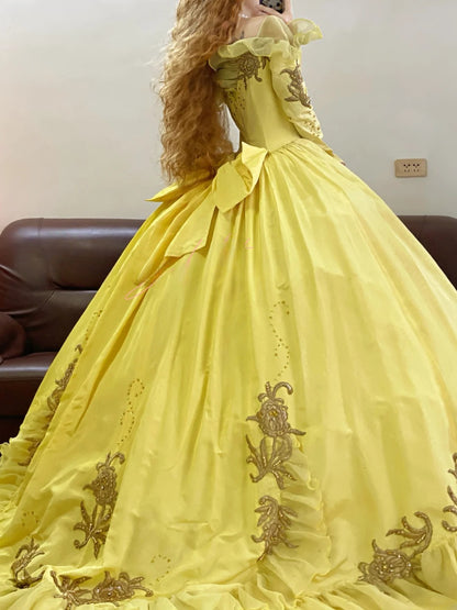 Yellow Off The Shoulder Chiffon With Long Sleeves Quinceanera Dress Ball Gown Sweet 15 Gown RB9151