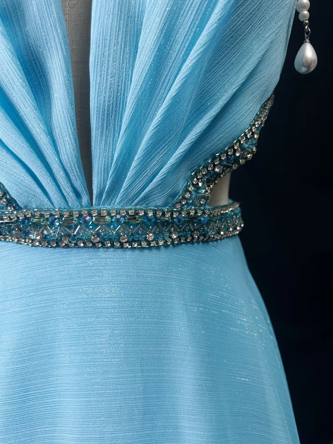 Vintage 90s Prom Dresses A Line V Neck Blue Chiffon With Beads Long Party Gown Formal Outfits RB6028