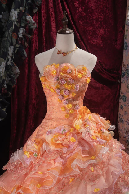 Dreamy Ball Gown Formal Events Strapless Orange Tulle With Tiered Layered Quince Dress Quinceanera Dresses Birthday Outfits RB8503
