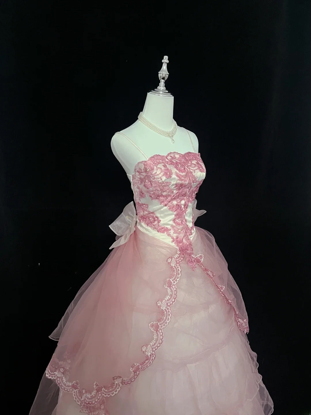 Beautiful A line Spaghetti Straps Pink With Tiered Layers Lace Prom Dress Formal Outfits Evening Night Dresses RB7630