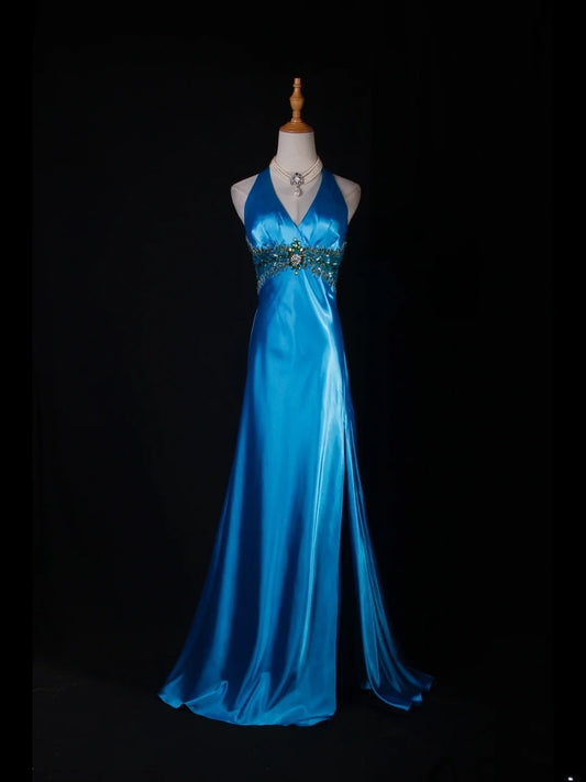 Vintage A line Halter Blue Satin Long Formal Old 1950s Prom Dresses Night Outfits Party Gowns AS230