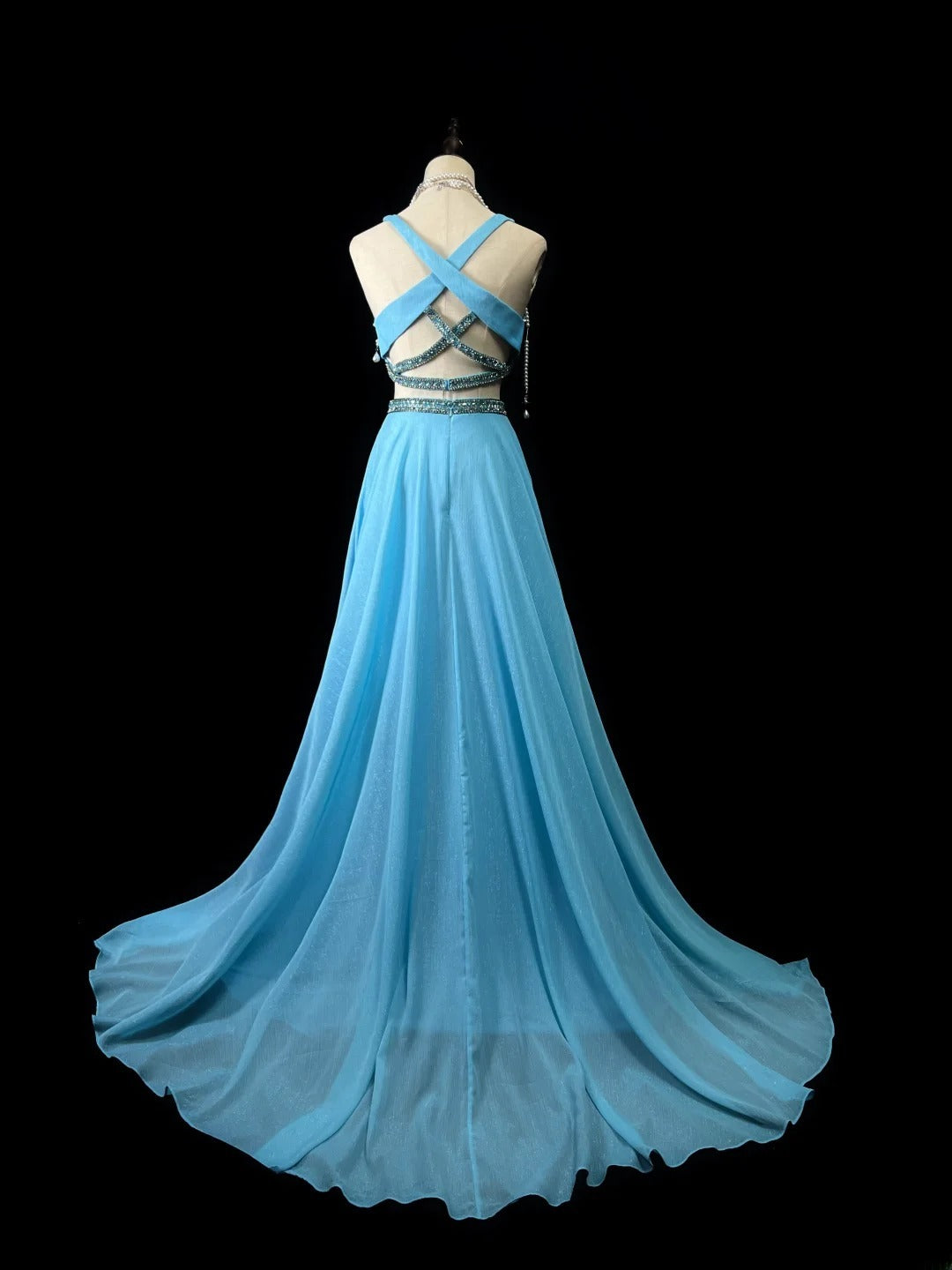 Vintage 90s Prom Dresses A Line V Neck Blue Chiffon With Beads Long Party Gown Formal Outfits RB6028
