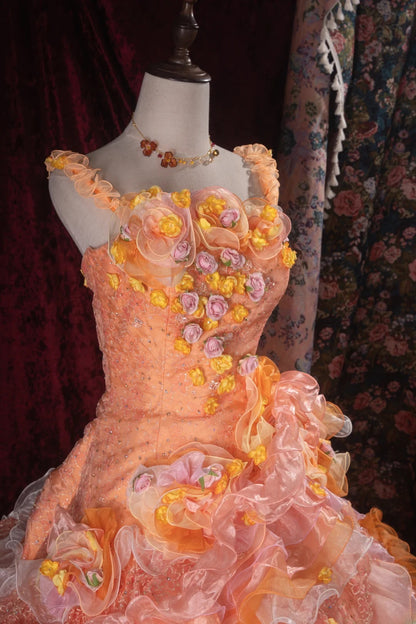 Dreamy Ball Gown Formal Events Strapless Orange Tulle With Tiered Layered Quince Dress Quinceanera Dresses Birthday Outfits RB8503