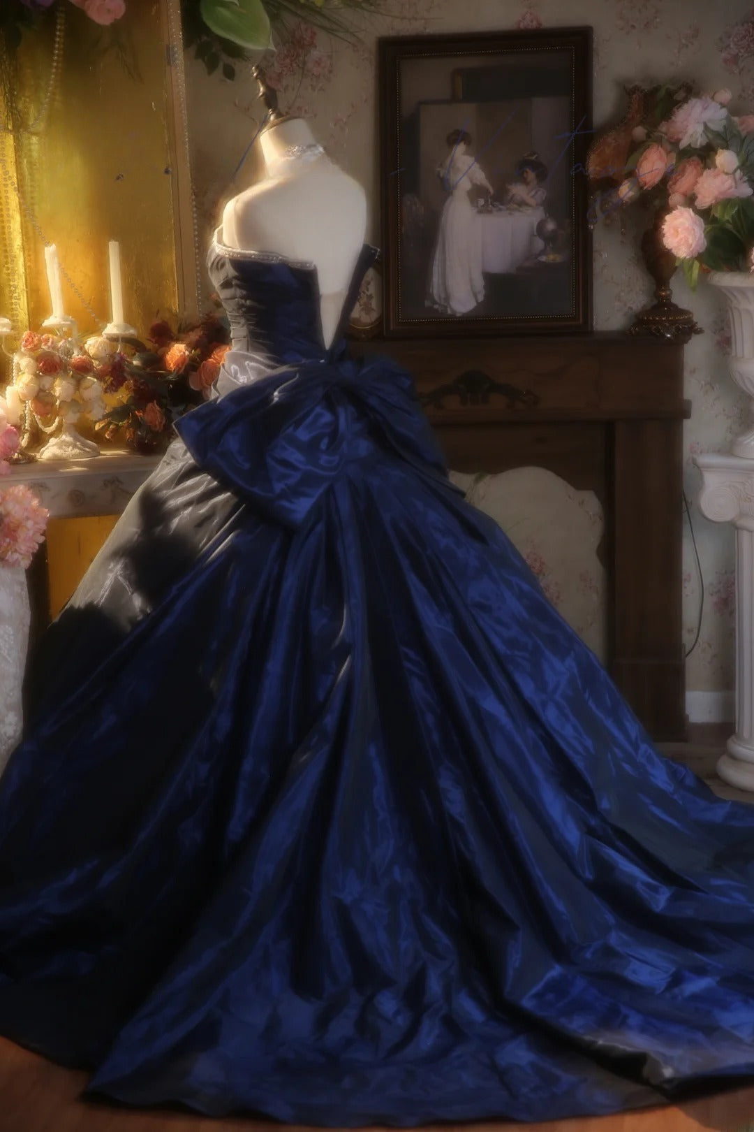 Navy Blue Strapless Satin With Silver Beading Quinceanera Dress Ball Gown Sweet 15 Gown RB9152