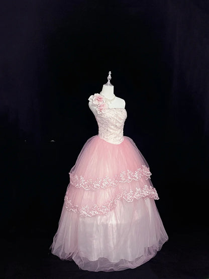 Dreamy Ball Gowns One Shoulder Pink With Tiered Layers Flowers Long Prom Dresses Senior Puffy Sweet 16 Sixteen Outfit Vestido de 15 RB7631