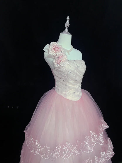 Dreamy Ball Gowns One Shoulder Pink With Tiered Layers Flowers Long Prom Dresses Senior Puffy Sweet 16 Sixteen Outfit Vestido de 15 RB7631