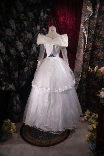 Pretty Ball Gown V Neck White Satin 2000s With Pleated Long Autumn Winter Bridal Dress Wedding Dresses RB8500