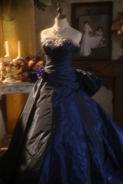 Navy Blue Strapless Satin With Silver Beading Quinceanera Dress Ball Gown Sweet 15 Gown RB9152