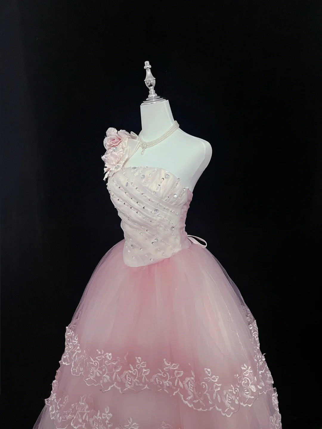 Dreamy Ball Gowns One Shoulder Pink With Tiered Layers Flowers Long Prom Dresses Senior Puffy Sweet 16 Sixteen Outfit Vestido de 15 RB7631