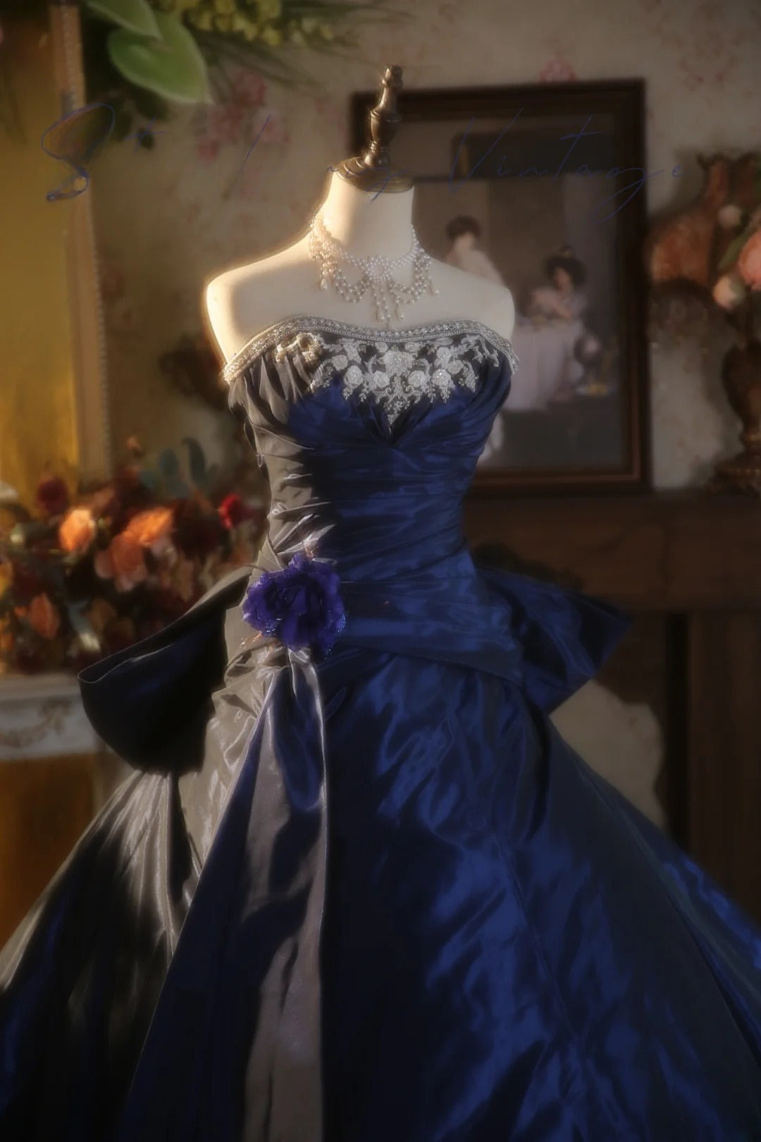 Navy Blue Strapless Satin With Silver Beading Quinceanera Dress Ball Gown Sweet 15 Gown RB9152