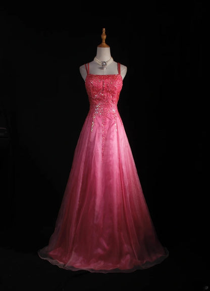 Vintage A line Spaghetti Straps Pink Backless Long Formal Old 1950s Prom Dresses Night Outfits Party Gowns AS231