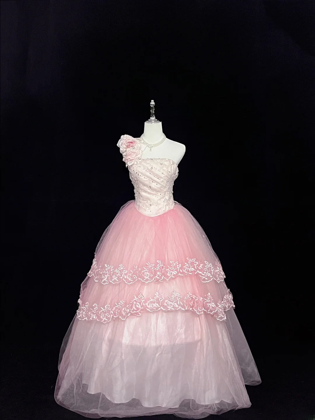 Dreamy Ball Gowns One Shoulder Pink With Tiered Layers Flowers Long Prom Dresses Senior Puffy Sweet 16 Sixteen Outfit Vestido de 15 RB7631