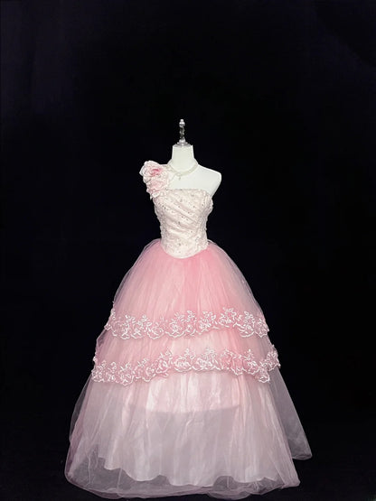 Dreamy Ball Gowns One Shoulder Pink With Tiered Layers Flowers Long Prom Dresses Senior Puffy Sweet 16 Sixteen Outfit Vestido de 15 RB7631