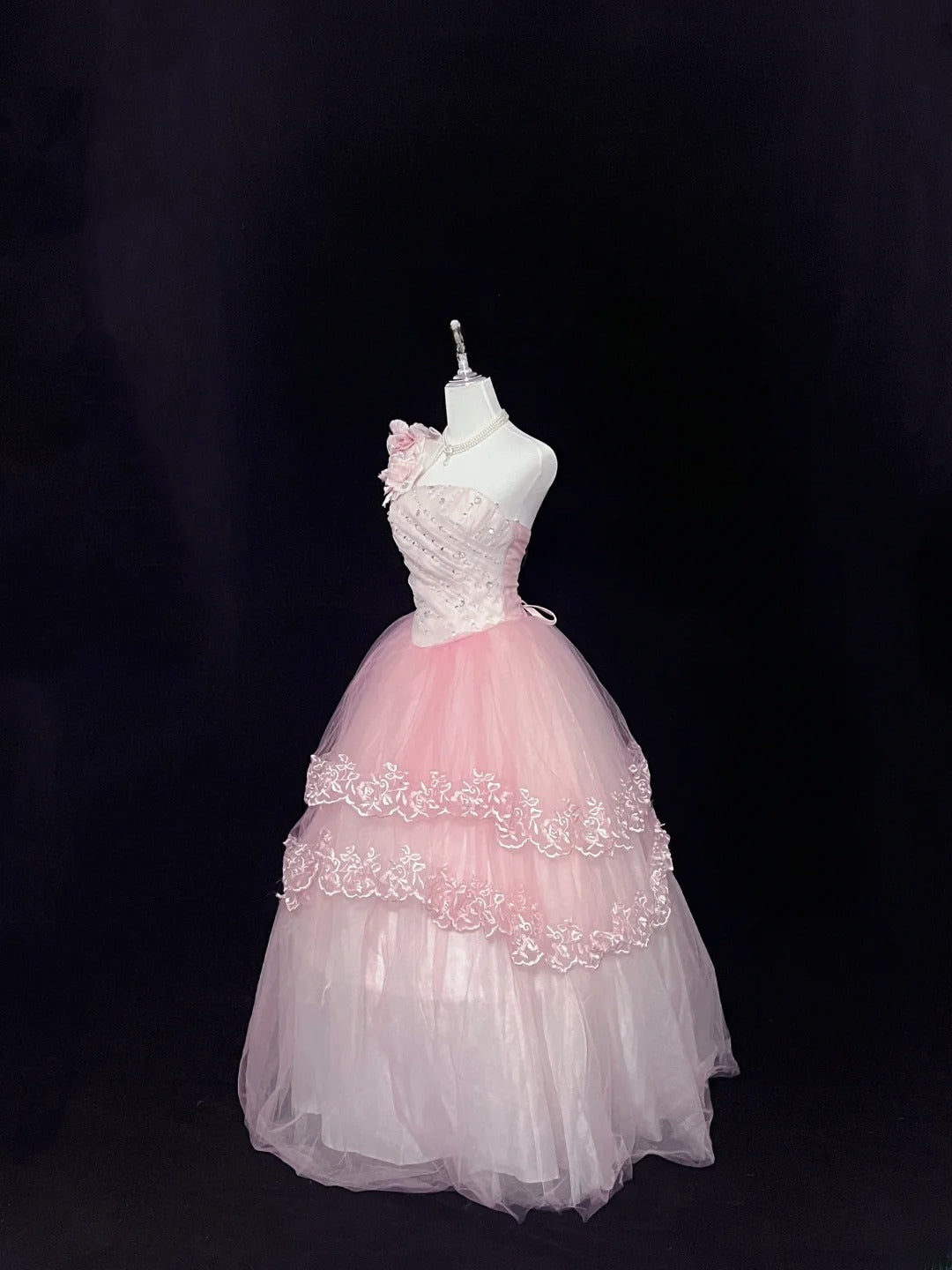 Dreamy Ball Gowns One Shoulder Pink With Tiered Layers Flowers Long Prom Dresses Senior Puffy Sweet 16 Sixteen Outfit Vestido de 15 RB7631