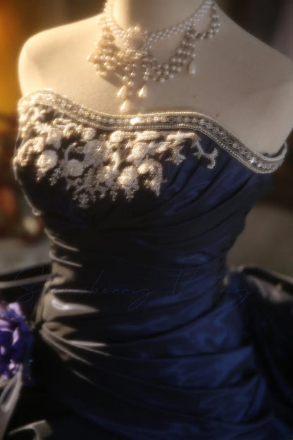 Navy Blue Strapless Satin With Silver Beading Quinceanera Dress Ball Gown Sweet 15 Gown RB9152