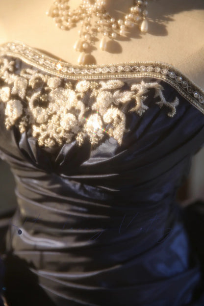 Navy Blue Strapless Satin With Silver Beading Quinceanera Dress Ball Gown Sweet 15 Gown RB9152