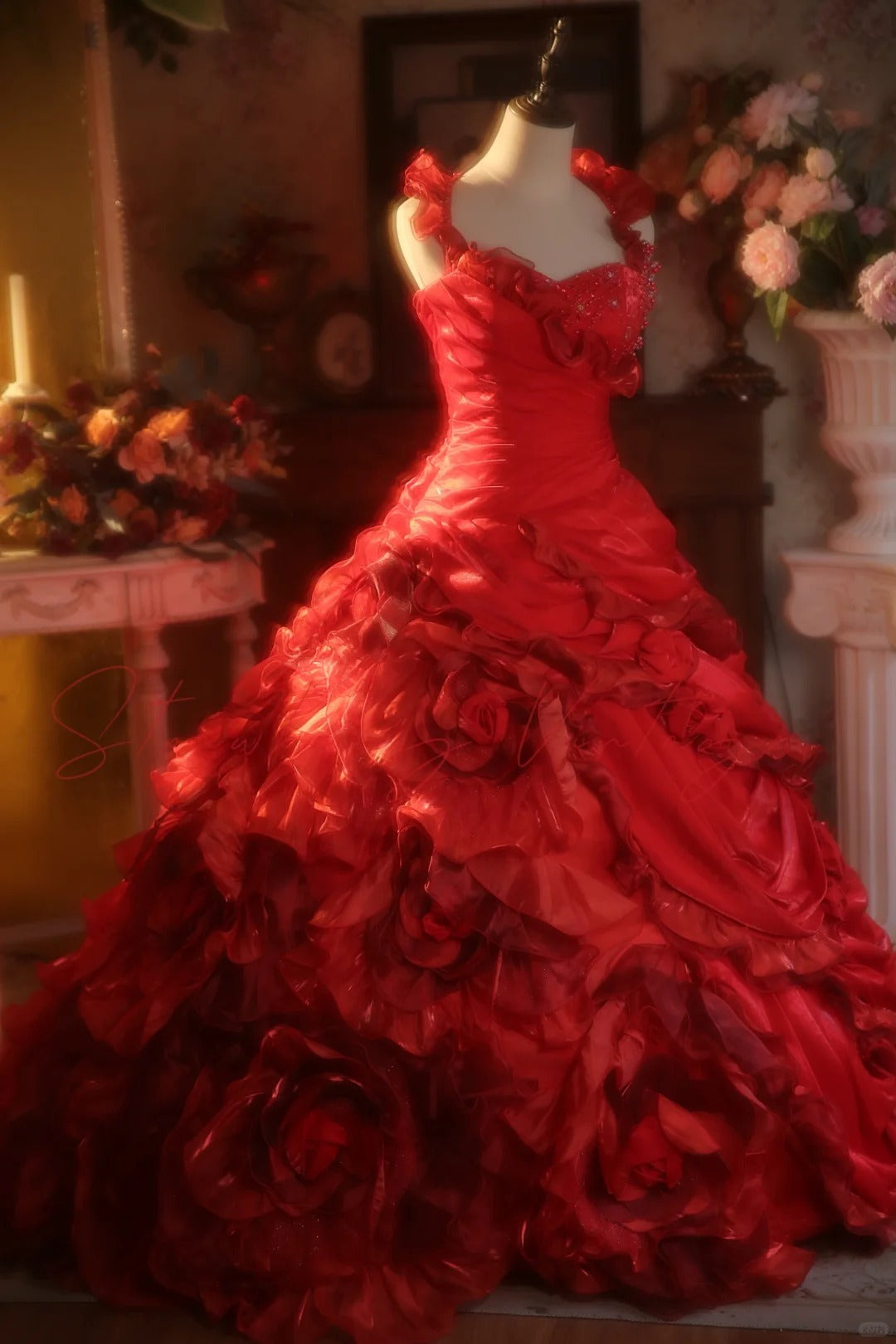 Red Halter With Flowers Quinceanera Dress With Train Ball Gown Sweet 15 Gown RB9153