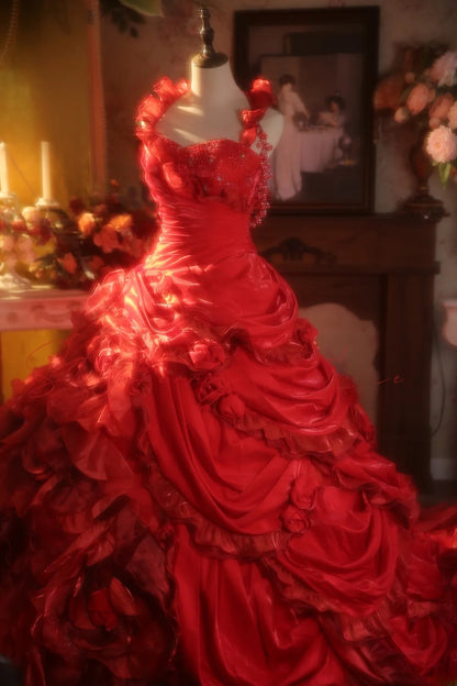 Red Halter With Flowers Quinceanera Dress With Train Ball Gown Sweet 15 Gown RB9153