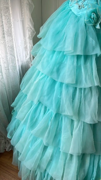 Sweet 15 Quinceanera Dress Ball Gown Strapless Blue Tulle With Tiered Layers Long 15th Birthday Outfits RC0580