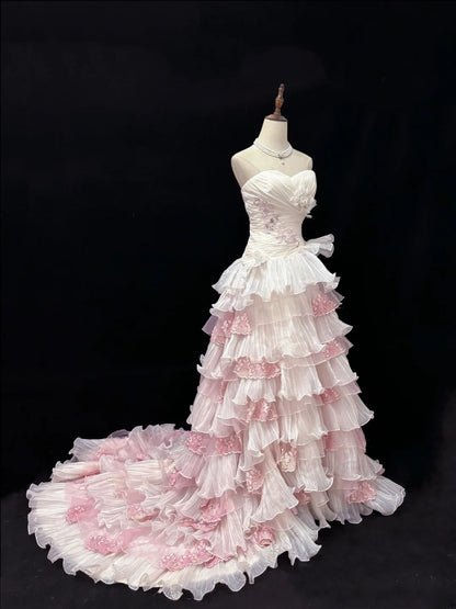 Beautiful Ball Gown Sweetheart Pink With Tiered Layers Lace Prom Dress Formal Outfits Evening Night Dresses RB7632