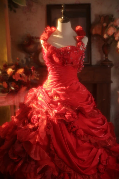 Red Halter With Flowers Quinceanera Dress With Train Ball Gown Sweet 15 Gown RB9153
