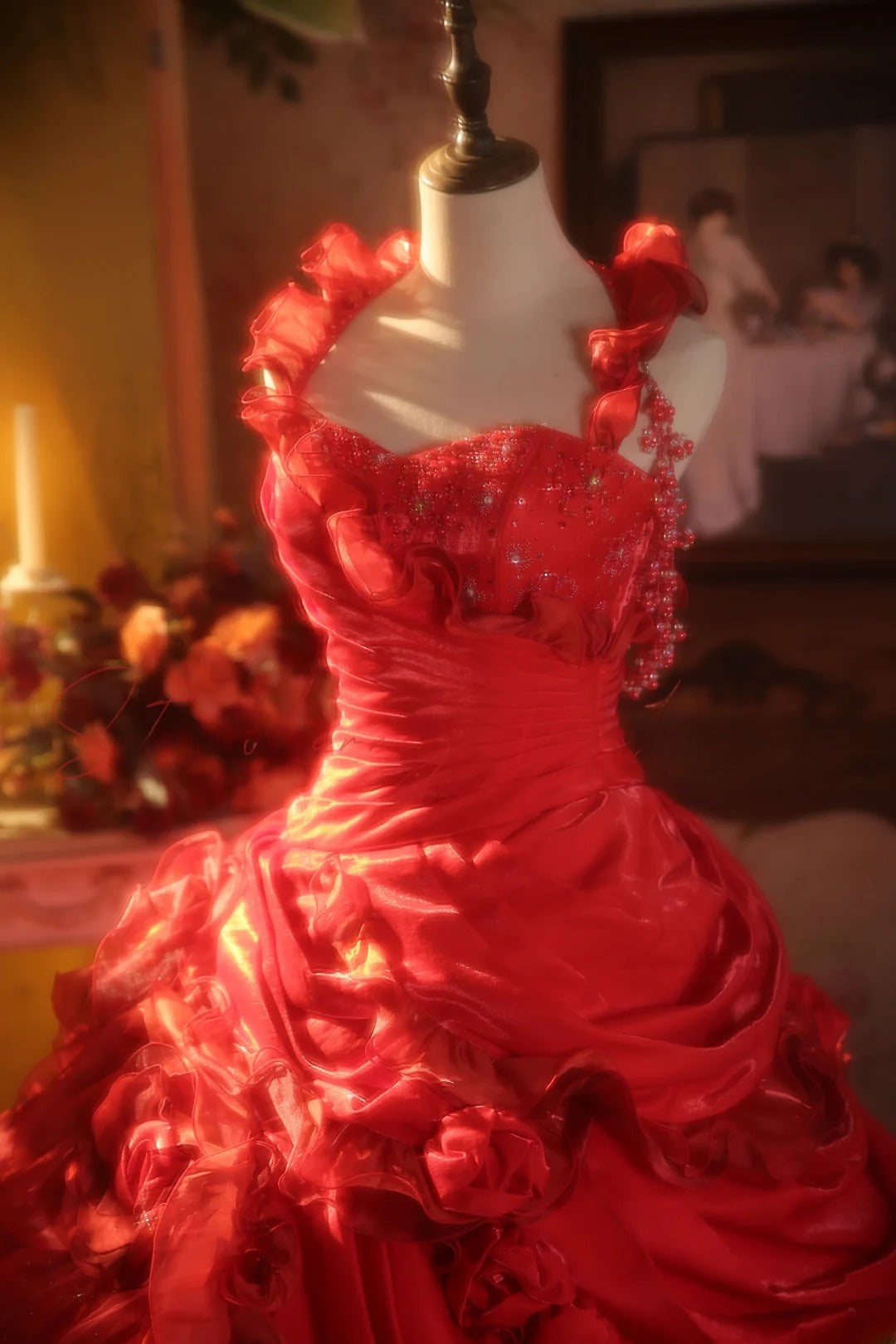 Red Halter With Flowers Quinceanera Dress With Train Ball Gown Sweet 15 Gown RB9153