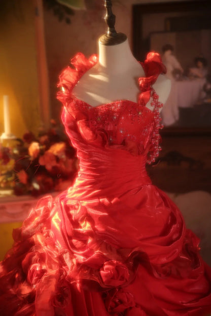 Red Halter With Flowers Quinceanera Dress With Train Ball Gown Sweet 15 Gown RB9153